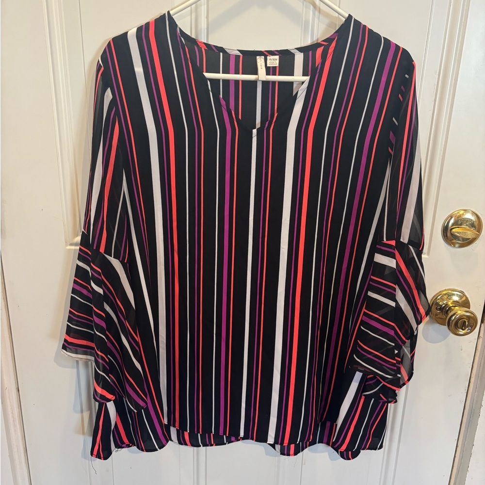 Striped V-Neck Bell Sleeve Top